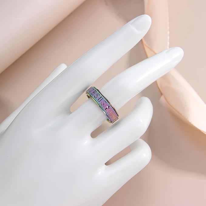 OreilleStar Fidget Spinner Anxiety Ring for Women: Fidget Toys Adults Cute Jesus Thumb Ring Stainless Steel Gold Silver Size 5 6 7 8 9 10 (Rainbow, 10)