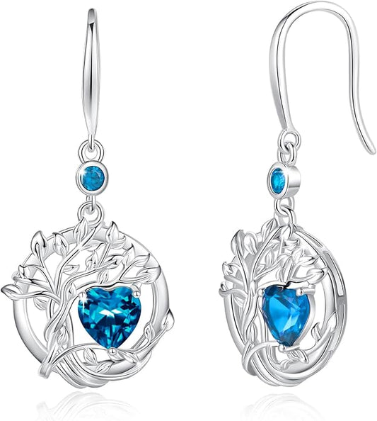 FANCIME Tree of Life Dangle Drop Earrings 925 Sterling Silver Dainty Round Gemstone Birthstone Earring Fine Jewelry Birthday Christmas Gifts for Her Women FANCIME