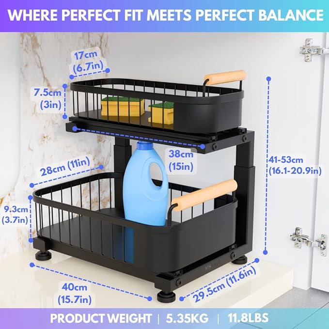 Premium Heavy Duty Carbon Steel Under Sink Organizer, 2 Tier Pull Out Cabinet Organizer, 7 Adjustable Heights with Smooth Ball Bearing Sliding Baskets for Bathroom & Kitchen HTHGoods