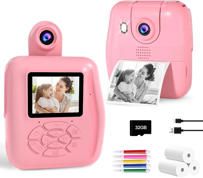 Kids Camera Instant Print - Kids Printing Cameras That Print Photos Toddler Digital Camera for Kid 1080P Toys Video Cameras Christmas Birthday Gifts for 3-12 Year Old Girls Boys Pink PROGRACE