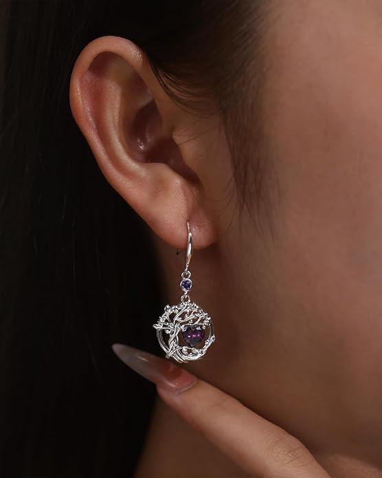 FANCIME Tree of Life Dangle Drop Earrings 925 Sterling Silver Dainty Round Gemstone Birthstone Earring Fine Jewelry Birthday Christmas Gifts for Her Women FANCIME