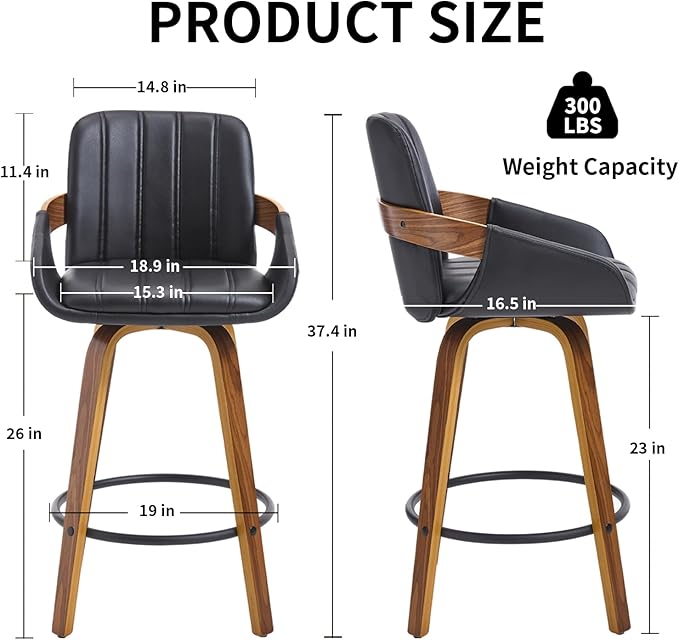 Swivel Bar Stools Set of 2, 26" Counter Height Bar Stools with Back and Arms, Faux Leather Modern Upholstered Bar Chairs with Walnut Frame for Kitchen Island Bar - Black VipDesk