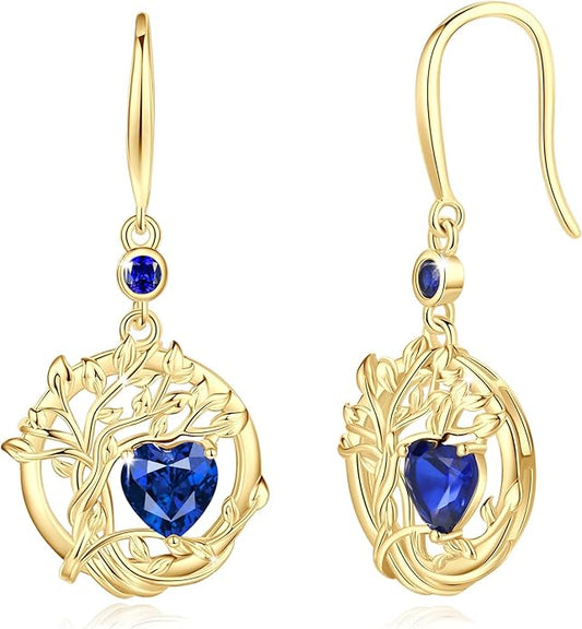 FANCIME Tree of Life Dangle Drop Earrings 925 Sterling Silver Dainty Round Gemstone Birthstone Earring Fine Jewelry Birthday Christmas Gifts for Her Women FANCIME
