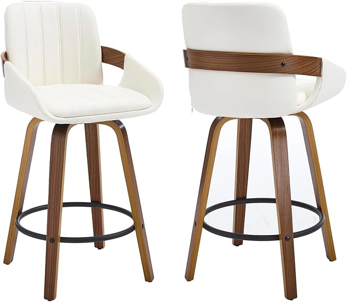 Bar Stools Set of 3, 26" Counter Height Swivel Stools with Back, Walnut Wood Frame, PU Leather, Built-in Footrest, Modern Kitchen Island Chairs – Easy Assembly & Sturdy Design - White VipDesk