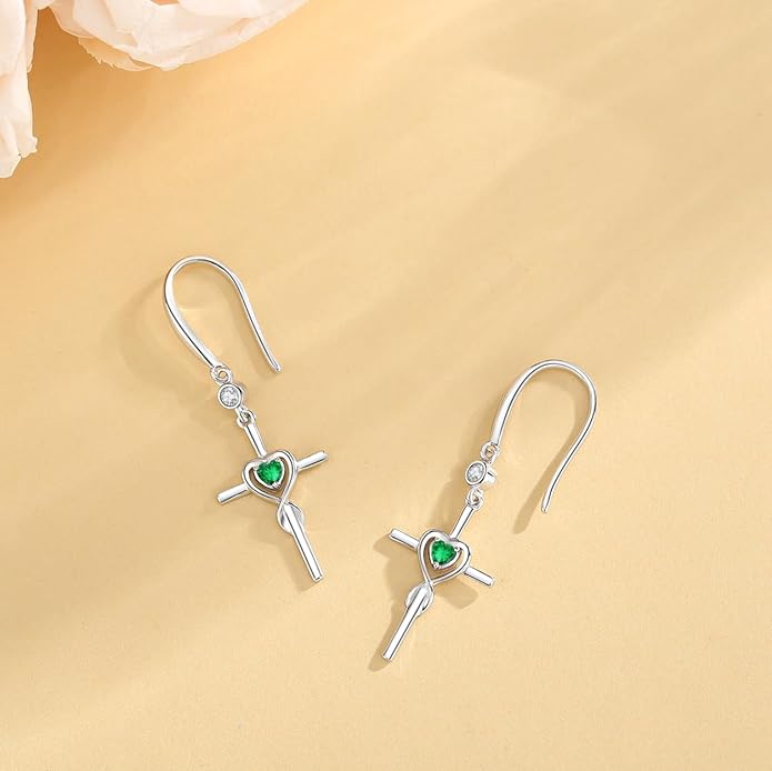 FANCIME Gift for Women Cross Dangle Drop Earrings 925 Sterling Silver Heart Birthstone Earring Fine Jewelry Birthday Gifts for Her Women FANCIME