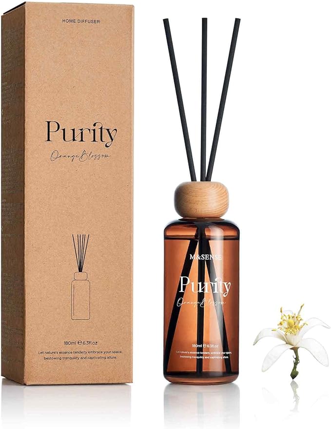 M&SENSE Orange Blossom Reed Diffuser: 6.3 fl oz Non-Toxic Aroma Set with Sticks, Light & Subtle Fragrance, Long-Lasting Natural Essential Oil Gifts for Bedroom, Shelf Decor & Small Spaces MSENSE