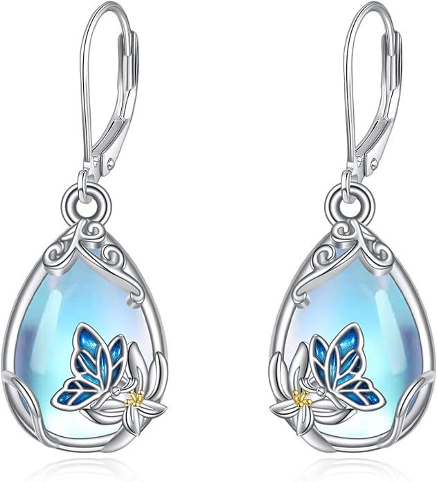 YFN Bee/Flower/Hummingbird Bird Moonstone Earrings 925 Sterling Silver Teardrop Dangle Hypoallergenic Leverback Earring for Women YFN
