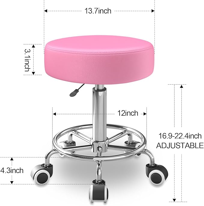 Rolling Stool, Heavy Weight Capacity 250lb, PU Leather Rolling stools, Ultra Soft Padded Seat, Rolling Stools with Wheels and Footrest, 360° Swivel, Spa Drawing Salon Work Office Tattoo Stool (pink) YEEZEE