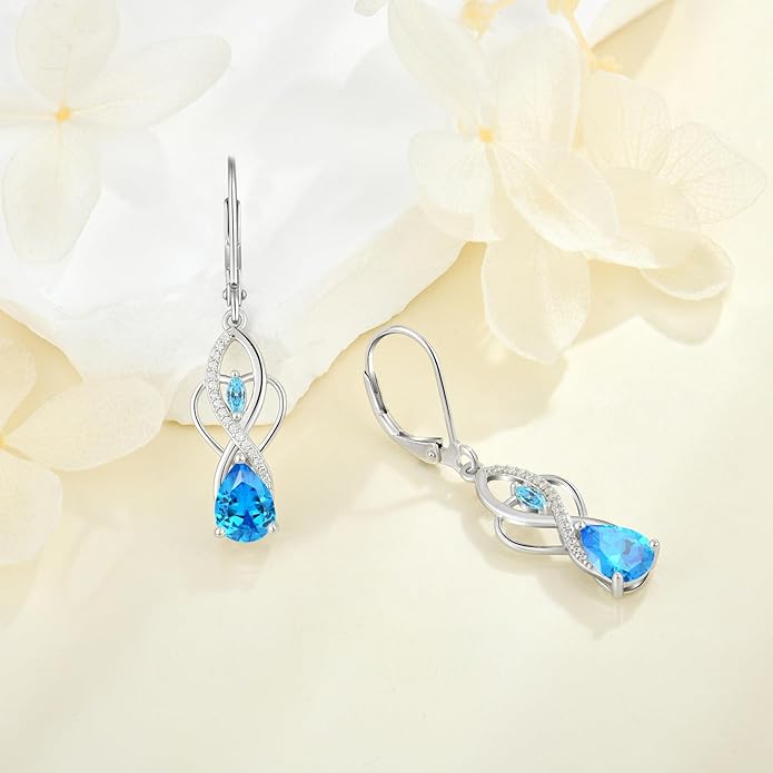 Infinity Butterfly Earrings 925 Sterling Silver Birthstone Dangle Drop Leverback Earrings Cubic Zirconia Hypoallergenic Jewelry Birthday Christmas Gifts for Women Mother Wife Her FYNSBLE