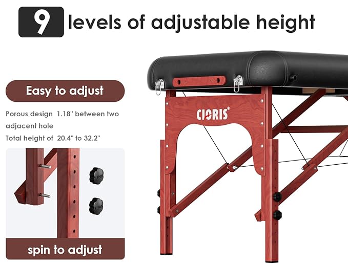 CLORIS 84" Professional Massage Table Portable 2 Folding Lightweight Facial Salon Spa Tattoo Bed Height Adjustable with Carrying Bag & Wooden Leg Hold Up to 1100LBS Black CLORIS-Direct