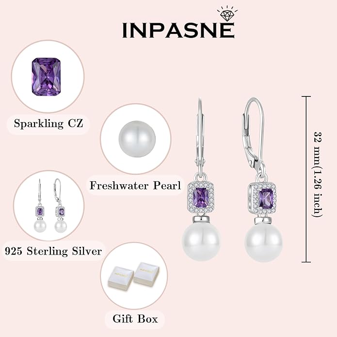 Pearl Drop Earrings Dangling 925 Sterling Silver Emerald Cut Leverback Earrings Birthstone Jewelry for Women INPASNE