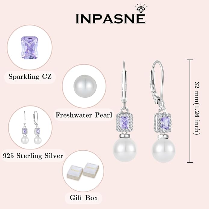 Pearl Drop Earrings Dangling 925 Sterling Silver Emerald Cut Leverback Earrings Birthstone Jewelry for Women INPASNE