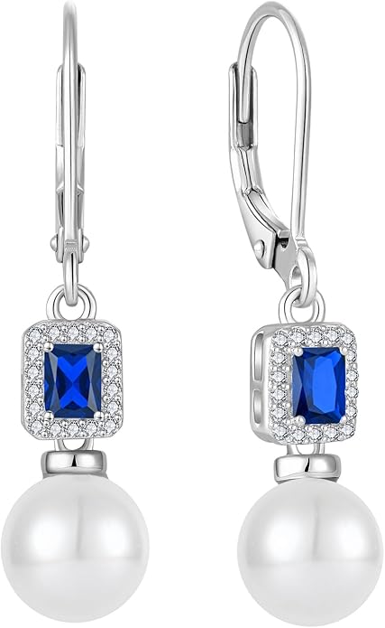 Pearl Drop Earrings Dangling 925 Sterling Silver Emerald Cut Leverback Earrings Birthstone Jewelry for Women INPASNE