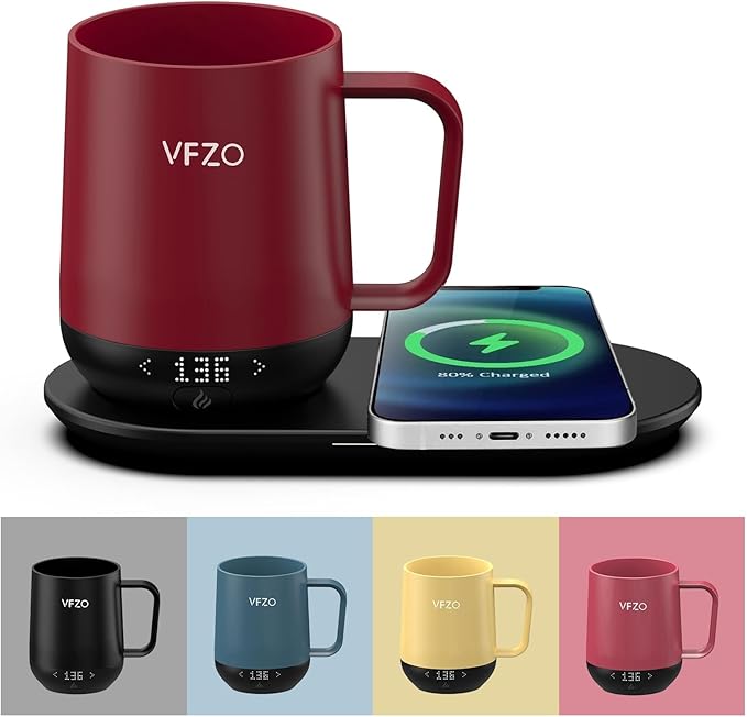 Temperature Control Smart Mug, Self Heating Coffee Mug LED Display, 180 Min Battery Life - Hot up to 149℉ Fast Wireless Charger Base Improved Design coffee serving sets (12oz, Burgundy) VFZO