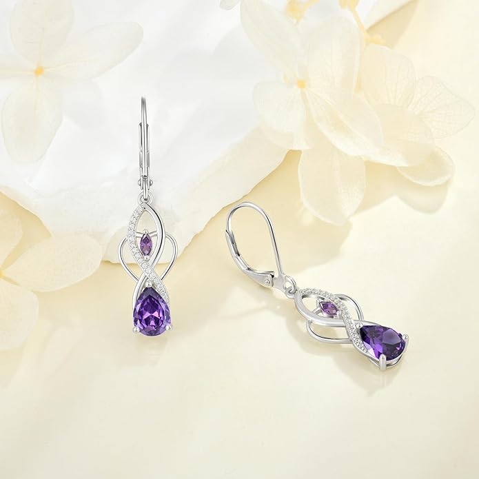 Infinity Butterfly Earrings 925 Sterling Silver Birthstone Dangle Drop Leverback Earrings Cubic Zirconia Hypoallergenic Jewelry Birthday Christmas Gifts for Women Mother Wife Her FYNSBLE