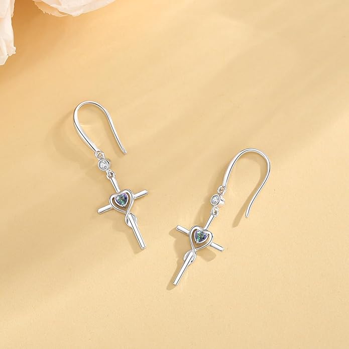 FANCIME Gift for Women Cross Dangle Drop Earrings 925 Sterling Silver Heart Birthstone Earring Fine Jewelry Birthday Gifts for Her Women FANCIME