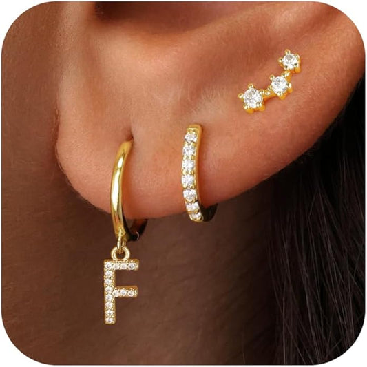 Christmas Gifts for Teen Girls Kids - 3 Pairs Gold Earrings for Women Huggie Hoop Earrings for Girls with Initial Dangle Cartilage Earring Studs Hypoallergenic Earring Set for Multiple Piercing JIAOGE