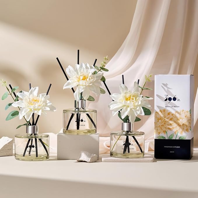 396 st. Dahlia Flower Reed Diffuser, White Musk, 200ml(6.7oz) / Reed Diffuser Sets, Home Fragrance, Scented Oils, Home & Bathroom Décor 396st