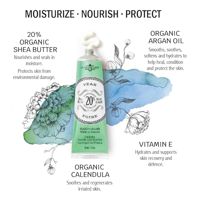 La Chatelaine Rose Hand Cream Trio Tin Gift Set, Ready-To-Gift Tin, Nautral, Made in France with 20% Organic Shea Butter, Nourishing and Moisturizing (Cherry Almond, Pear, Oud Rose) LaChatelaine