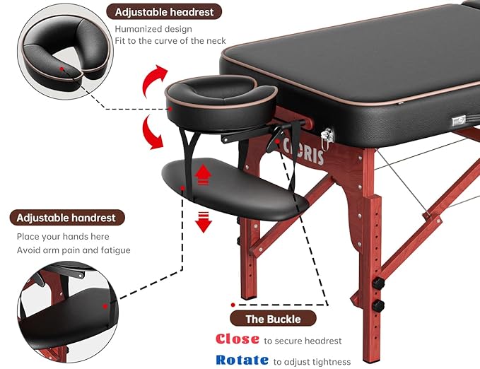 CLORIS 84" Professional Massage Table Portable Reinforced Wooden Leg Hold Up to 1100LBS 2 Folding Lightweight Spa Salon Tattoo Massage Bed Height Adjustable with Carrying Bag - Black CLORIS-Direct