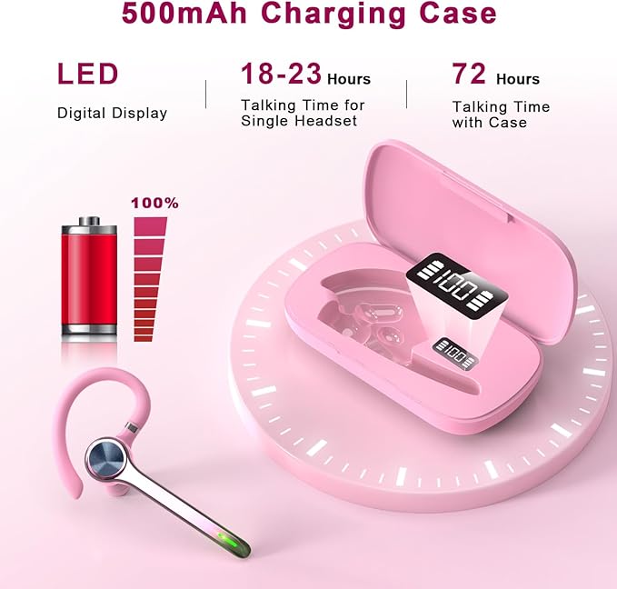HEIBAS Bluetooth Headset, Wireless Bluetooth Earpiece with 500mAh Charging Case 72 Hours Talking Time Built-in Microphone for iOS Android Cell Phone, V5.1 Hand-Free Headphones for Trucker, Office-Pink HEIBAS
