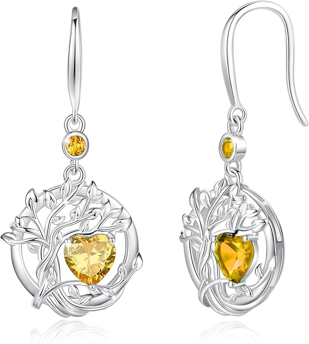 FANCIME Tree of Life Dangle Drop Earrings 925 Sterling Silver Dainty Round Gemstone Birthstone Earring Fine Jewelry Birthday Christmas Gifts for Her Women FANCIME