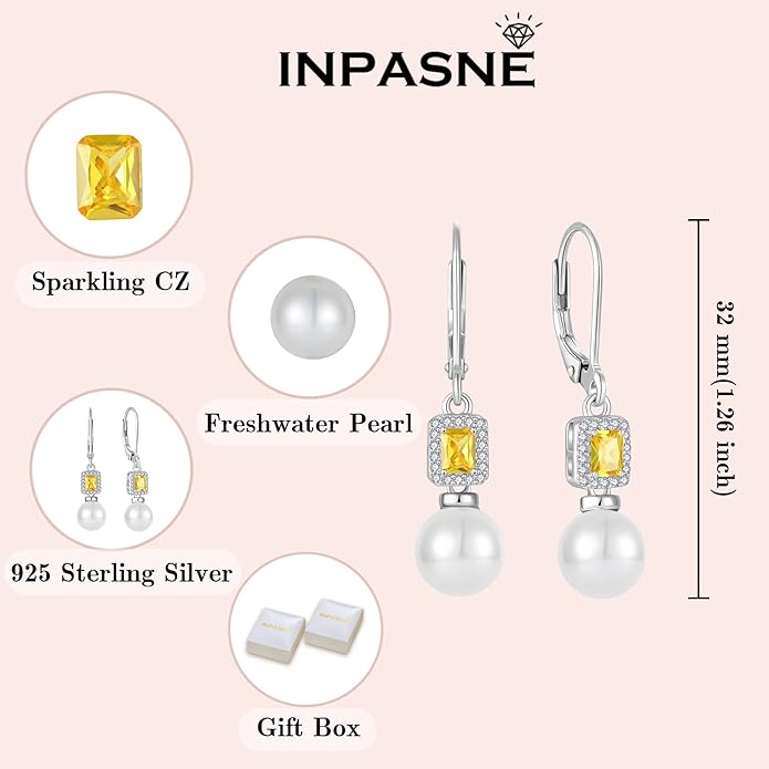 Pearl Drop Earrings Dangling 925 Sterling Silver Emerald Cut Leverback Earrings Birthstone Jewelry for Women INPASNE