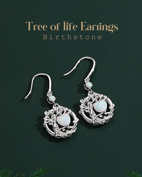 FANCIME Tree of Life Dangle Drop Earrings 925 Sterling Silver Dainty Round Gemstone Birthstone Earring Fine Jewelry Birthday Christmas Gifts for Her Women FANCIME