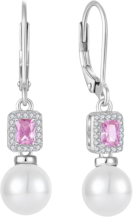 Pearl Drop Earrings Dangling 925 Sterling Silver Emerald Cut Leverback Earrings Birthstone Jewelry for Women INPASNE