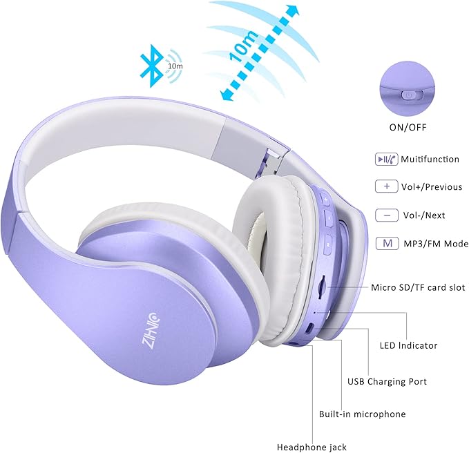 ZIHNIC Bluetooth Headphones Over-Ear, Foldable Wireless and Wired Stereo Headset Micro SD/TF, FM for Cell Phone,PC,Soft Earmuffs &Light Weight for Prolonged Wearing (Purple) ENJOYMUSICLIFEWITHZIHNICHEADPHONES