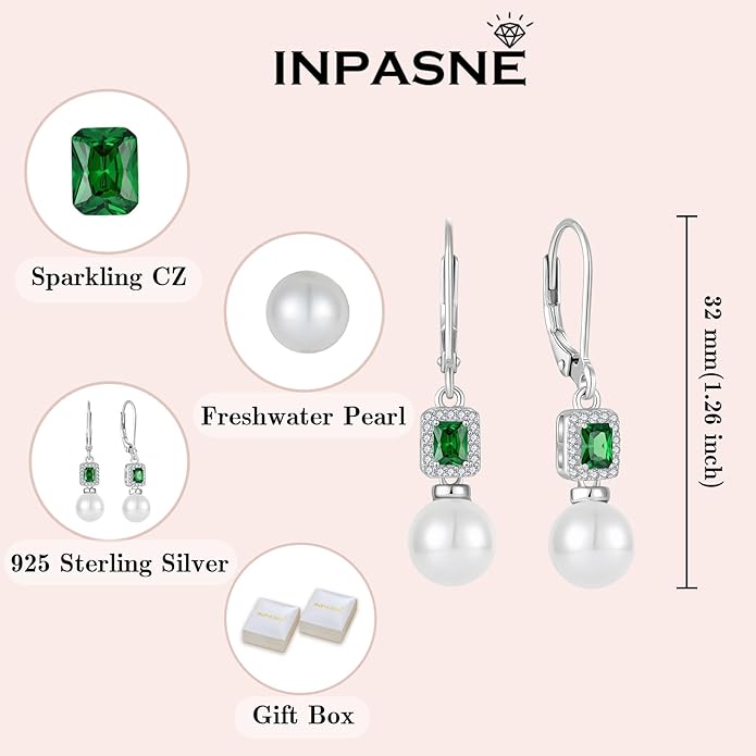 Pearl Drop Earrings Dangling 925 Sterling Silver Emerald Cut Leverback Earrings Birthstone Jewelry for Women INPASNE