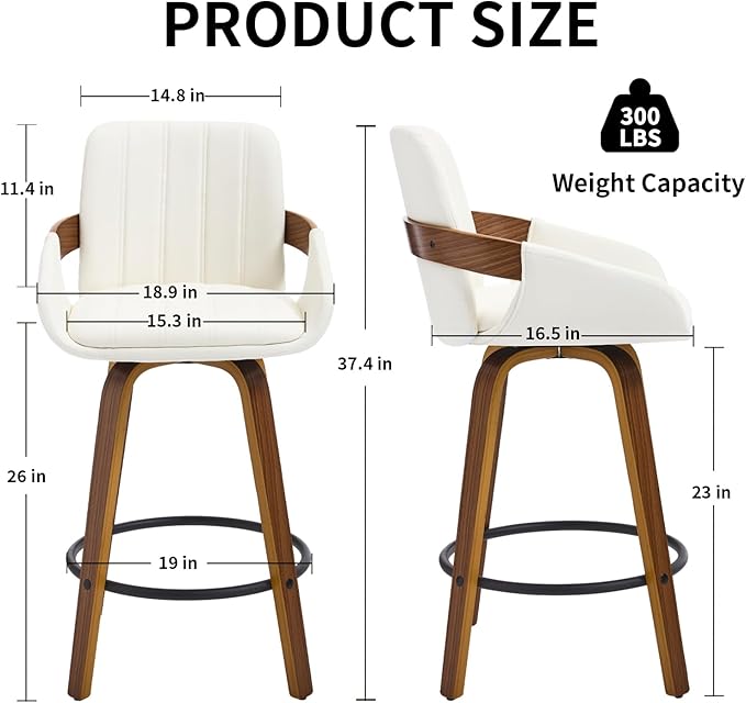 Bar Stools Set of 2, 26" Counter Height Swivel Stools with Back, Walnut Wood Frame, PU Leather, Built-in Footrest, Modern Kitchen Island Chairs – Easy Assembly & Sturdy Design - White VipDesk