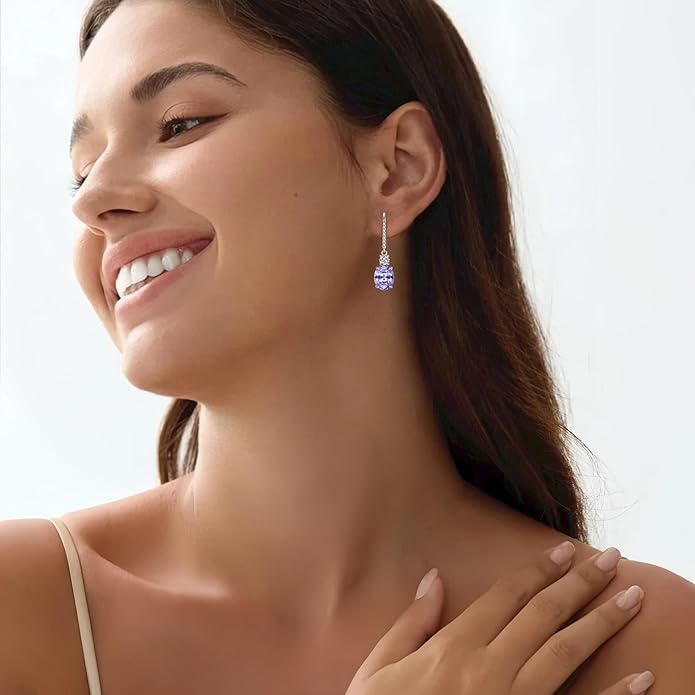 FJ Dangle Drop Earrings 925 Sterling Silver Solitaire Leverback Earrings Birthstone Jewelry for Women FJ