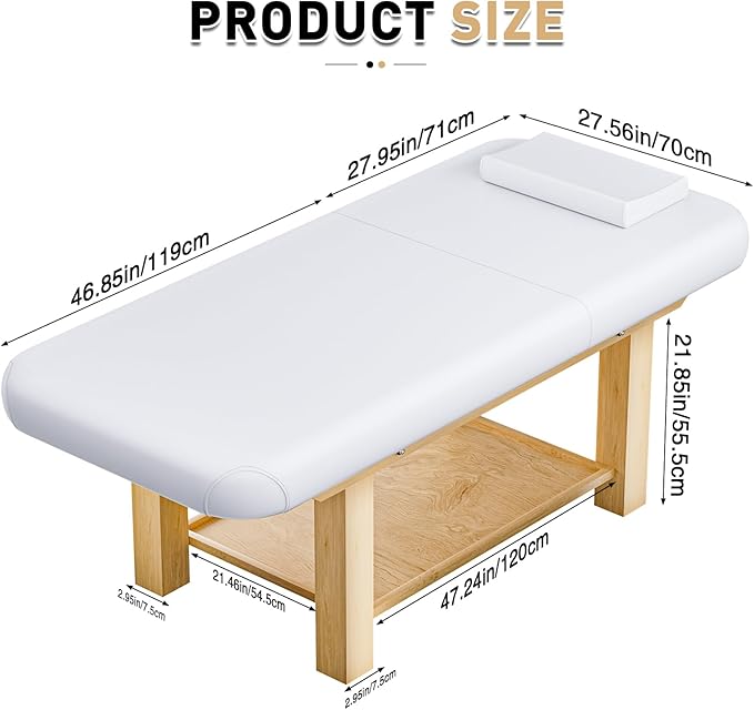 Stationary Massage Table with Memory Foam, Massage TattooTable with Adjustable Height, Facial Bed for Esthetician, PU Leather for Physical Therapy & Spa (Wood/White, 75''L x 28''W x 25''H) Kick Boosters