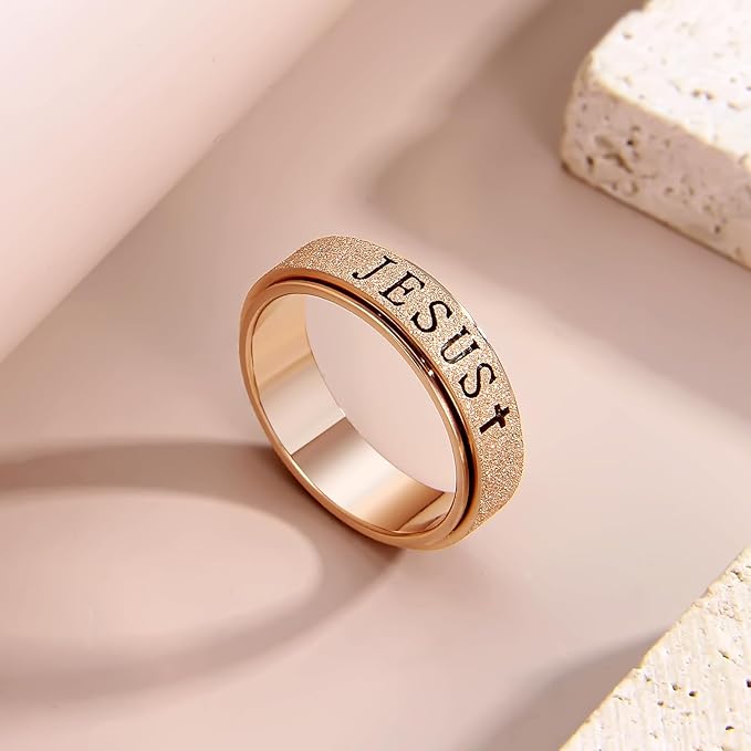 OreilleStar Fidget Spinner Anxiety Ring for Women: Fidget Toys Adults Cute Jesus Thumb Ring Stainless Steel Gold Silver Size 5 6 7 8 9 10 (Rose Gold, 6)