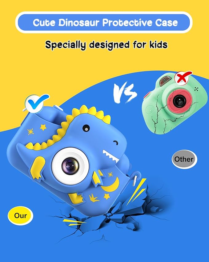 Kids Camera, Dinosaur Toddler Digital Camera for Boys Girls, Christmas Birthday Gifts, Selfie 1080P Camera for 3 4 5 6 7 8 9 Years Old Toys Dark Blue GREENKINDERKidsCamera
