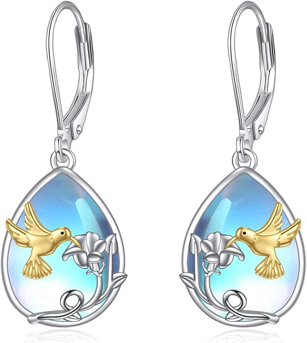 YFN Bee/Flower/Hummingbird Bird Moonstone Earrings 925 Sterling Silver Teardrop Dangle Hypoallergenic Leverback Earring for Women YFN