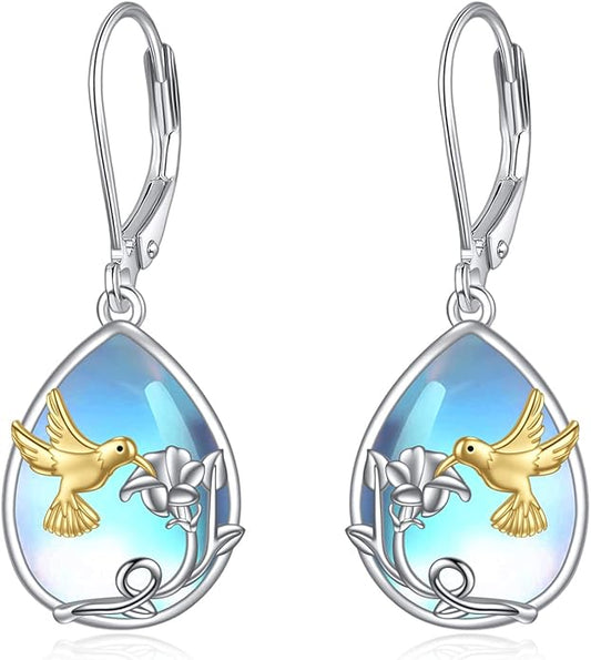 YFN Bee/Flower/Hummingbird Bird Moonstone Earrings 925 Sterling Silver Teardrop Dangle Hypoallergenic Leverback Earring for Women YFN