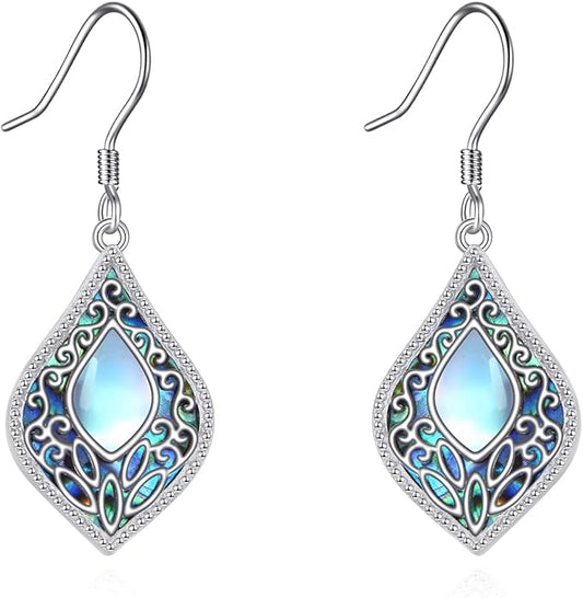 YFN Filigree Moonstone Dragonfly Earrings Sterling Silver Teardrop Bohemian Irish Celtic Knot Drop Dangle Earrings Abalone Shell Jewelry Gifts for Women YFN