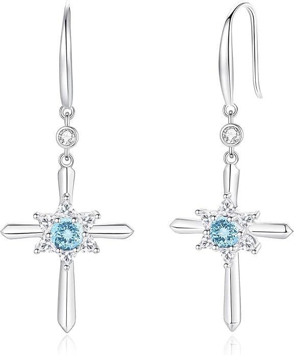 FANCIME Cross Dangle Drop Earrings 925 Sterling Silver Dainty Round Birthstone Earring Fine Jewelry Birthday Gifts for Her Women FANCIME