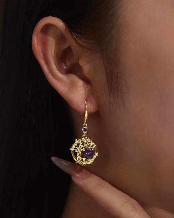 FANCIME Tree of Life Dangle Drop Earrings 925 Sterling Silver Dainty Round Gemstone Birthstone Earring Fine Jewelry Birthday Christmas Gifts for Her Women FANCIME