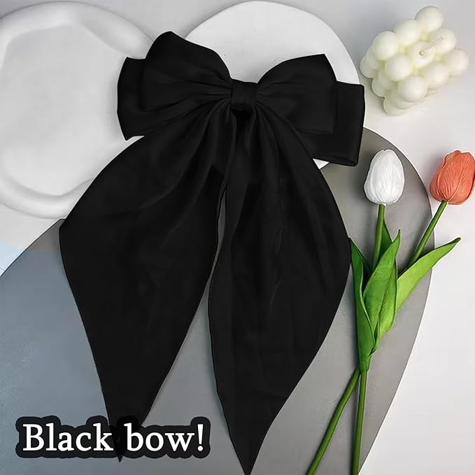 Large Blcak Satin Hair Bows Hair Ribbon Barrettes Cute for Girls with Long Tails Women's Hair Accessories Gifts (black) Egowry