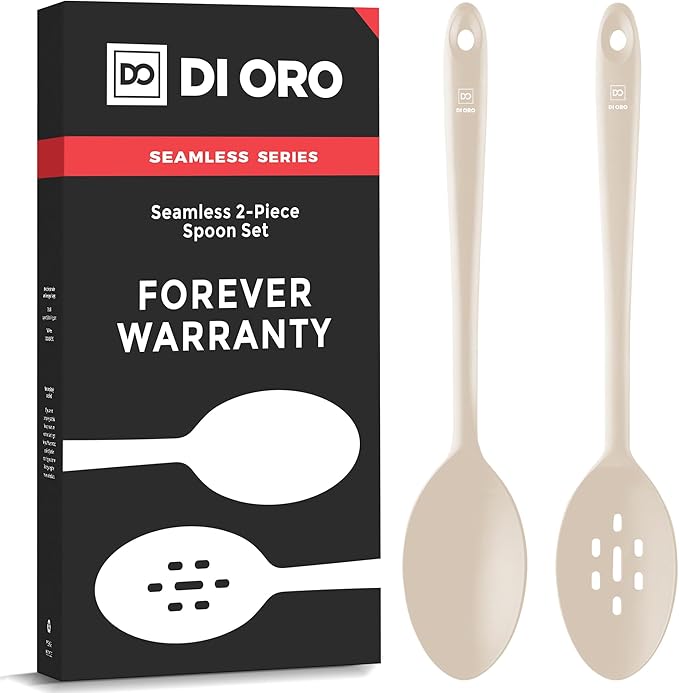 DI ORO Silicone Spoons for Cooking - Large Kitchen Spoons for Mixing, Serving, & Stirring - 600°F Heat-Resistant Non Stick Utensils – Big Solid & Slotted Basting Spoons - Dishwasher Safe (2pc, Clay) DIORO