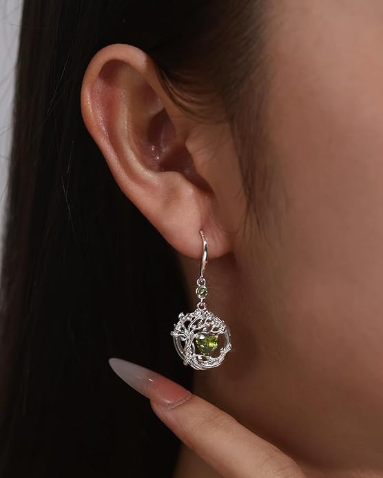 FANCIME Tree of Life Dangle Drop Earrings 925 Sterling Silver Dainty Round Gemstone Birthstone Earring Fine Jewelry Birthday Christmas Gifts for Her Women FANCIME