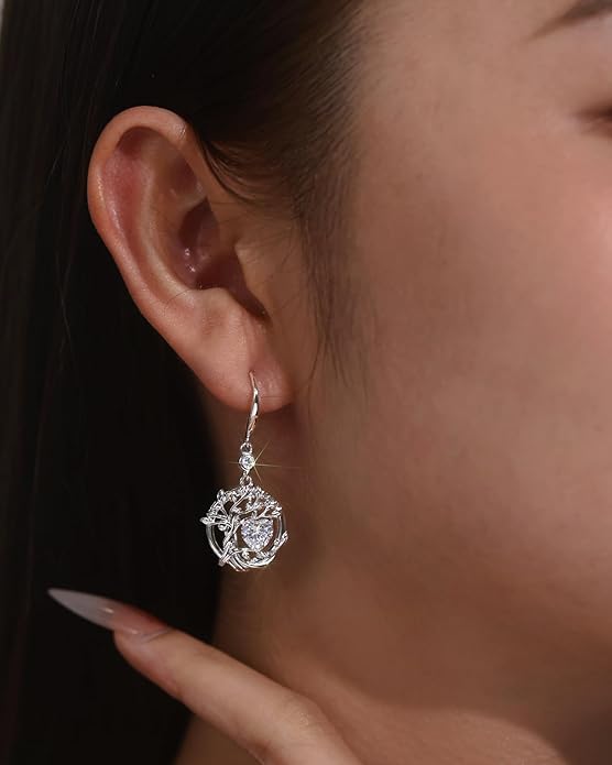 FANCIME Tree of Life Dangle Drop Earrings 925 Sterling Silver Dainty Round Gemstone Birthstone Earring Fine Jewelry Birthday Christmas Gifts for Her Women FANCIME
