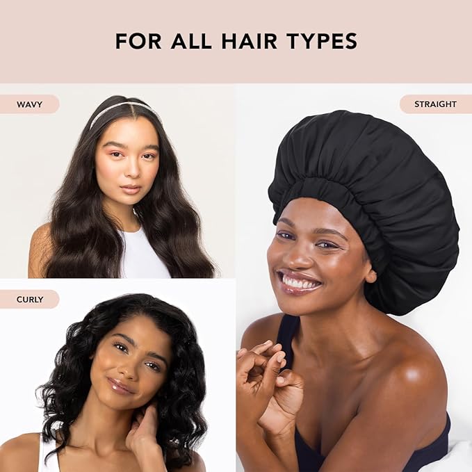 Kitsch XL Satin Bonnet for Sleeping - Softer Than Silk Hair Bonnet For Women - Secure Fit, Adjustable Night Cap For Curly & Textured Hair - Prevents Breakage, Tangles & Thinning - Black Kitsch