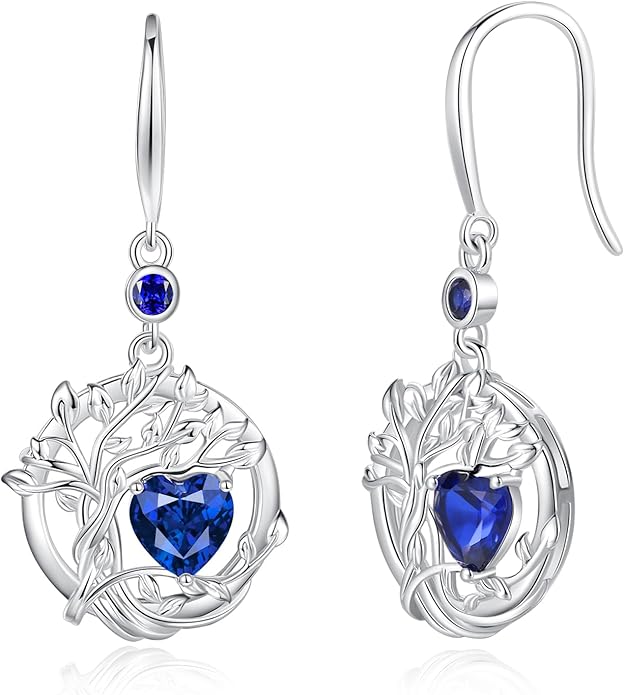 FANCIME Tree of Life Dangle Drop Earrings 925 Sterling Silver Dainty Round Gemstone Birthstone Earring Fine Jewelry Birthday Christmas Gifts for Her Women FANCIME