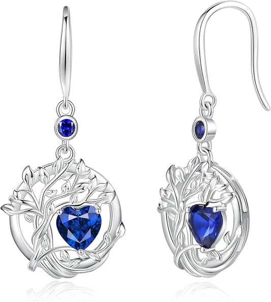 FANCIME Tree of Life Dangle Drop Earrings 925 Sterling Silver Dainty Round Gemstone Birthstone Earring Fine Jewelry Birthday Christmas Gifts for Her Women FANCIME