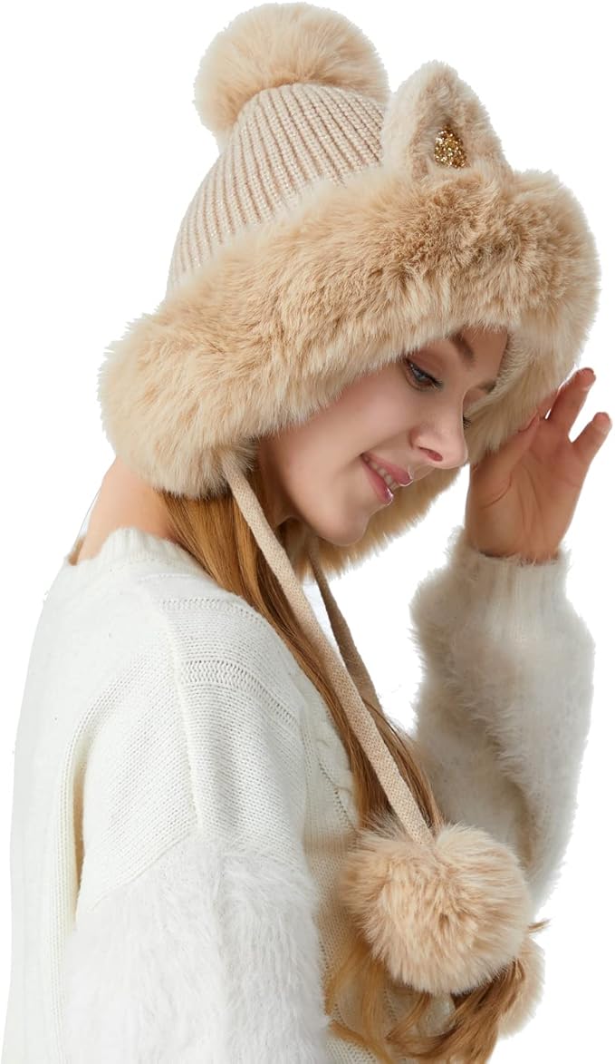 Women Winter Peruvian Cover Ears Beanie Hat Ear Flaps Sherpa Ski Snow Hats Knit Fleece Lined 3 Pom Pom HUAMULAN