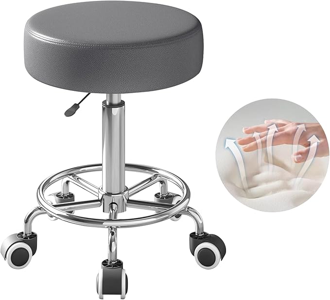 Rolling Stool, Heavy Weight Capacity 250lb, PU Leather Rolling stools, Ultra Soft Padded Seat, Rolling Stools with Wheels and Footrest, 360° Swivel, Spa Drawing Salon Work Office Tattoo Stool (Grey) YEEZEE